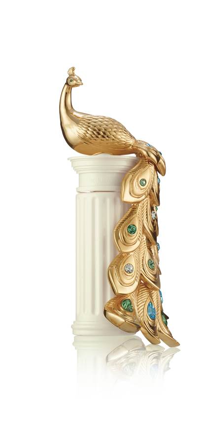 Avon Charmed, Parfum, $1200 perfume, 18K gold, collectible, limited edition, peacock, luxury, gold peacock, Swarovski, Swarovski crystals, Charmed by Avon, luxury parfum